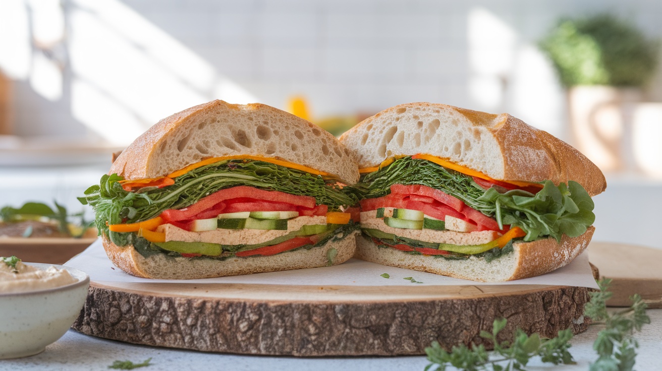 A vibrant vegan baguette sandwich with fresh vegetables on a rustic wooden board.