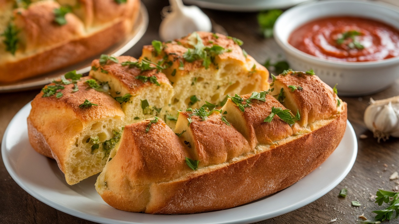 Plate of golden-brown vegan garlic bread, garnished with parsley, served with marinara sauce on a rustic table.