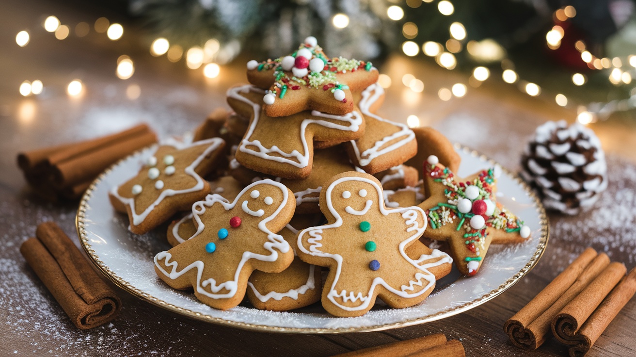 A plate of decorated vegan gingerbread cookies shaped like men and stars, on a festive background.