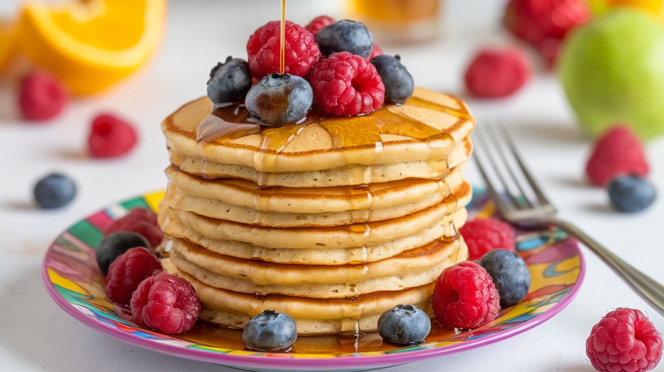 Fluffy vegan pancakes stacked with berries and maple syrup on a colorful plate.