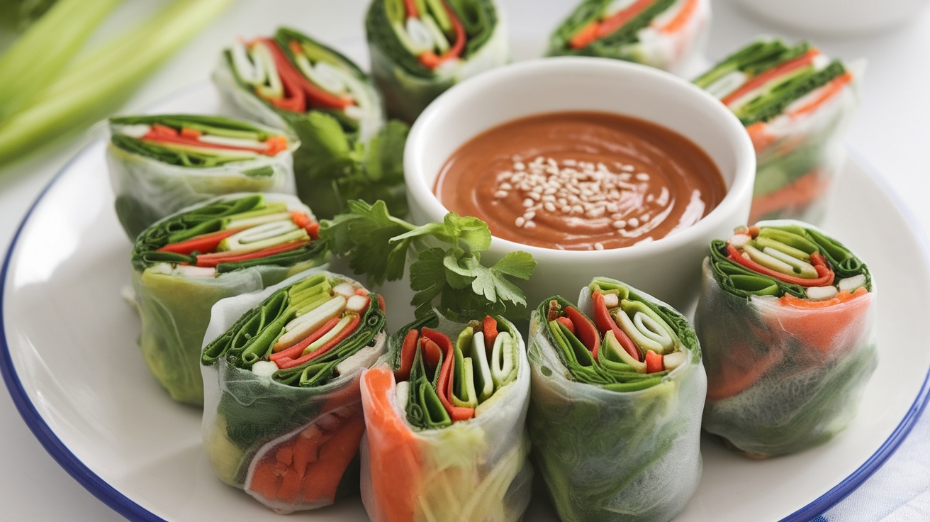 Fresh vegan spring rolls with colorful vegetables, served with peanut sauce on a bright plate.