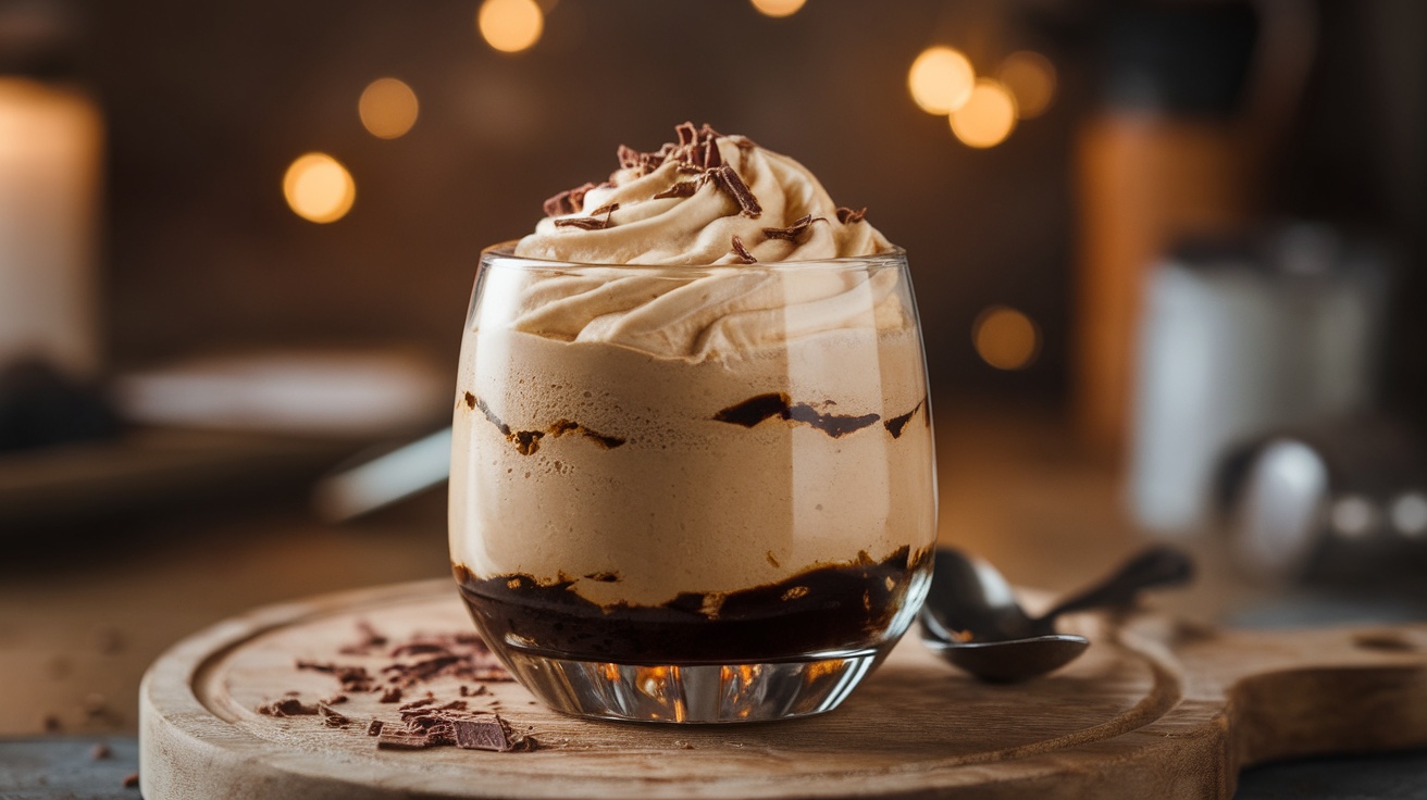 A glass of whipped coffee mousse topped with chocolate shavings on a cozy kitchen table.