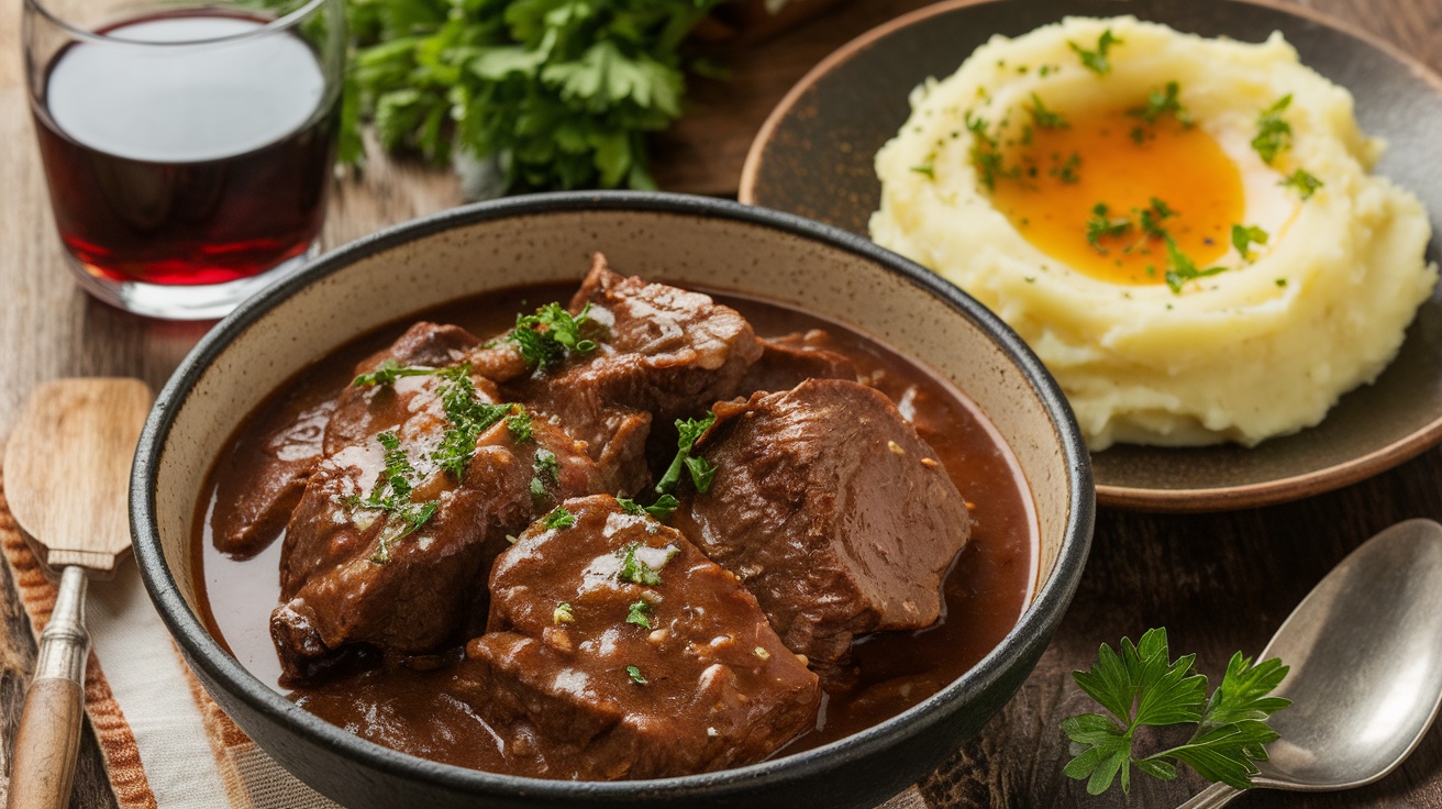 A hearty bowl of Beef Bourguignon with mashed potatoes, garnished with herbs, on a rustic wooden table.