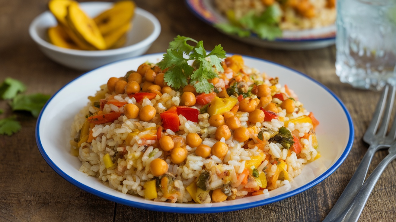 A colorful serving of Vegan Arroz con Gandules with pigeon peas and garnished with cilantro on a rustic table.