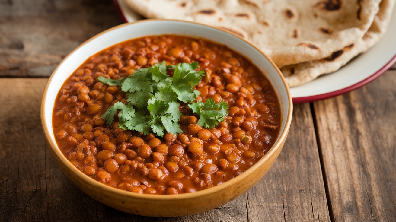 A bowl of Vegan Ethiopian Lentil Stew (Misir Wat) with cilantro, served with injera on a rustic table.