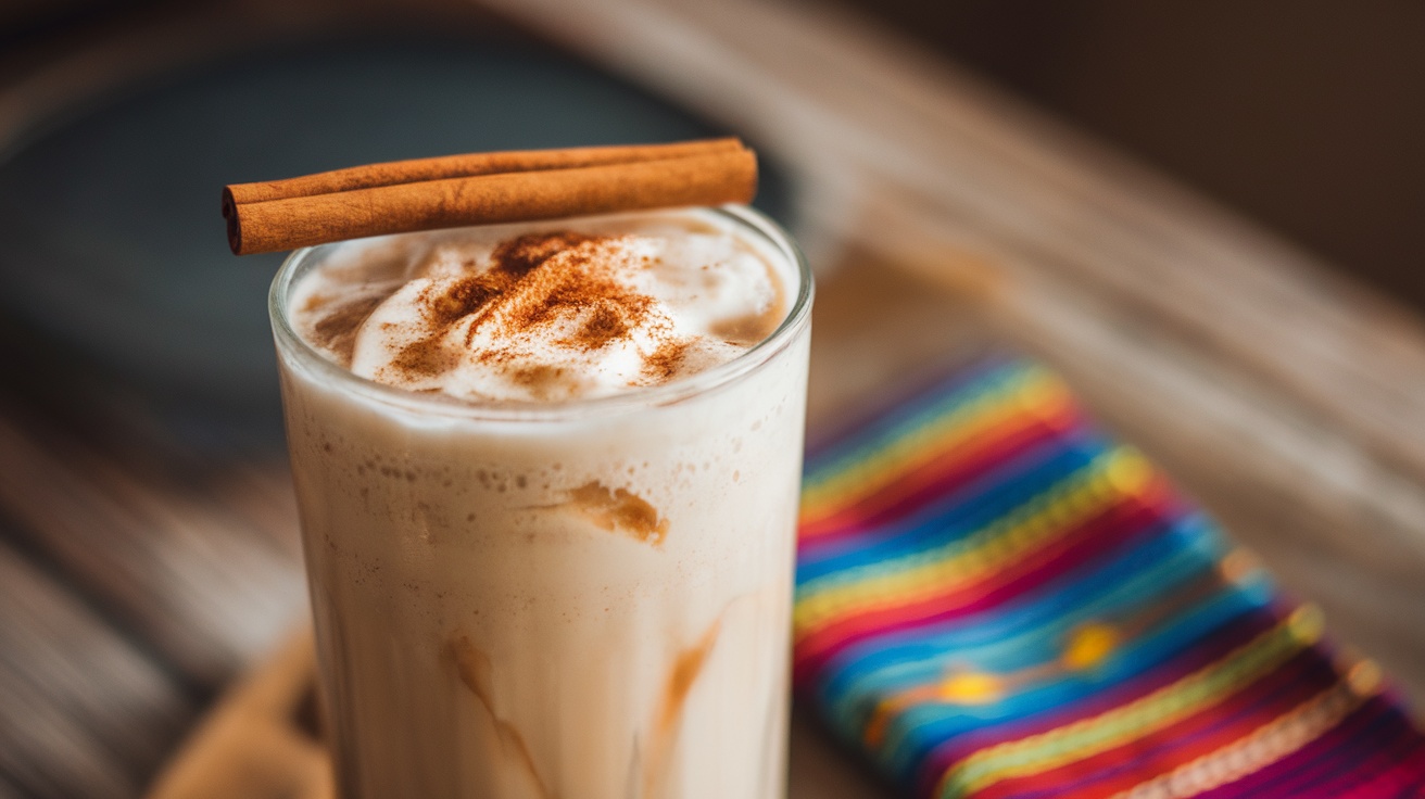 A refreshing glass of vegan horchata with a cinnamon stick, served over ice, on a rustic wooden table.