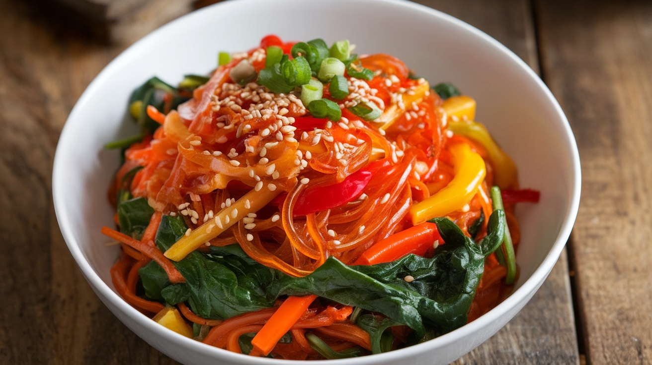 A bowl of Vegan Japchae with colorful vegetables and sweet potato glass noodles, garnished with sesame seeds and green onions.