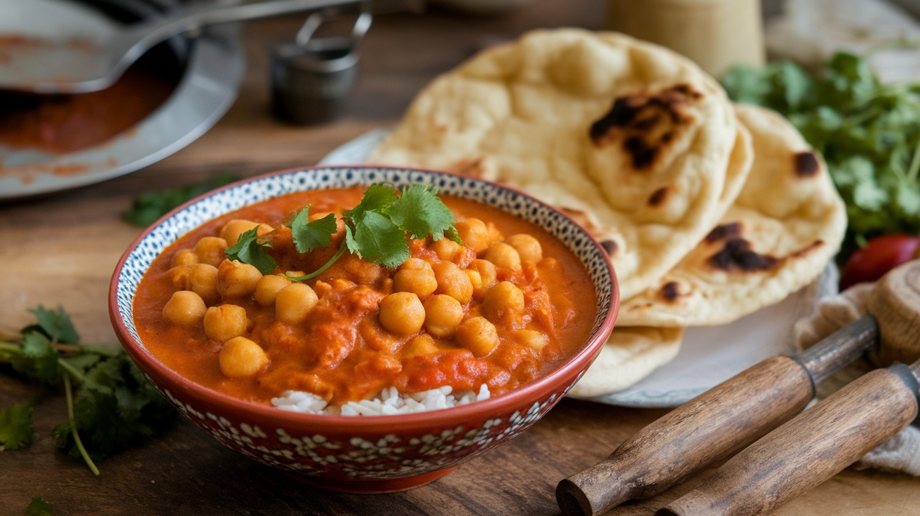 A bowl of Vegan Butter Chickpea curry with rice and naan, garnished with cilantro.