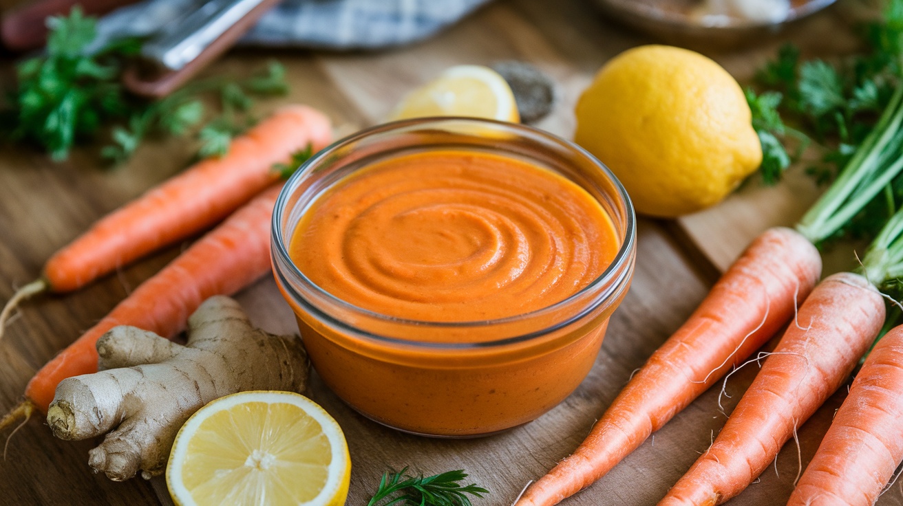 A bowl of vegan carrot ginger dressing surrounded by fresh carrots and ginger on a wooden table.