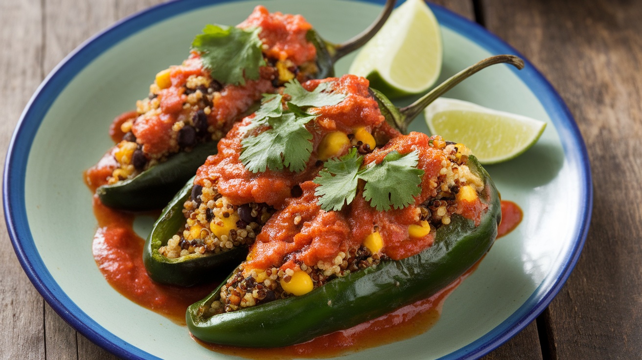 Vegan Chiles Rellenos on a plate, stuffed with quinoa, black beans, topped with tomato sauce and garnished with cilantro.