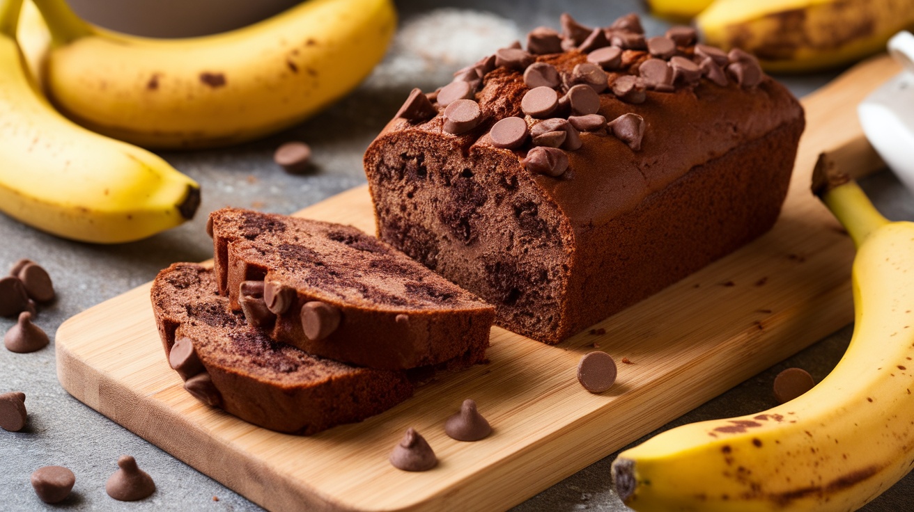 Sliced vegan chocolate banana bread on a wooden cutting board, with ripe bananas and chocolate chips.