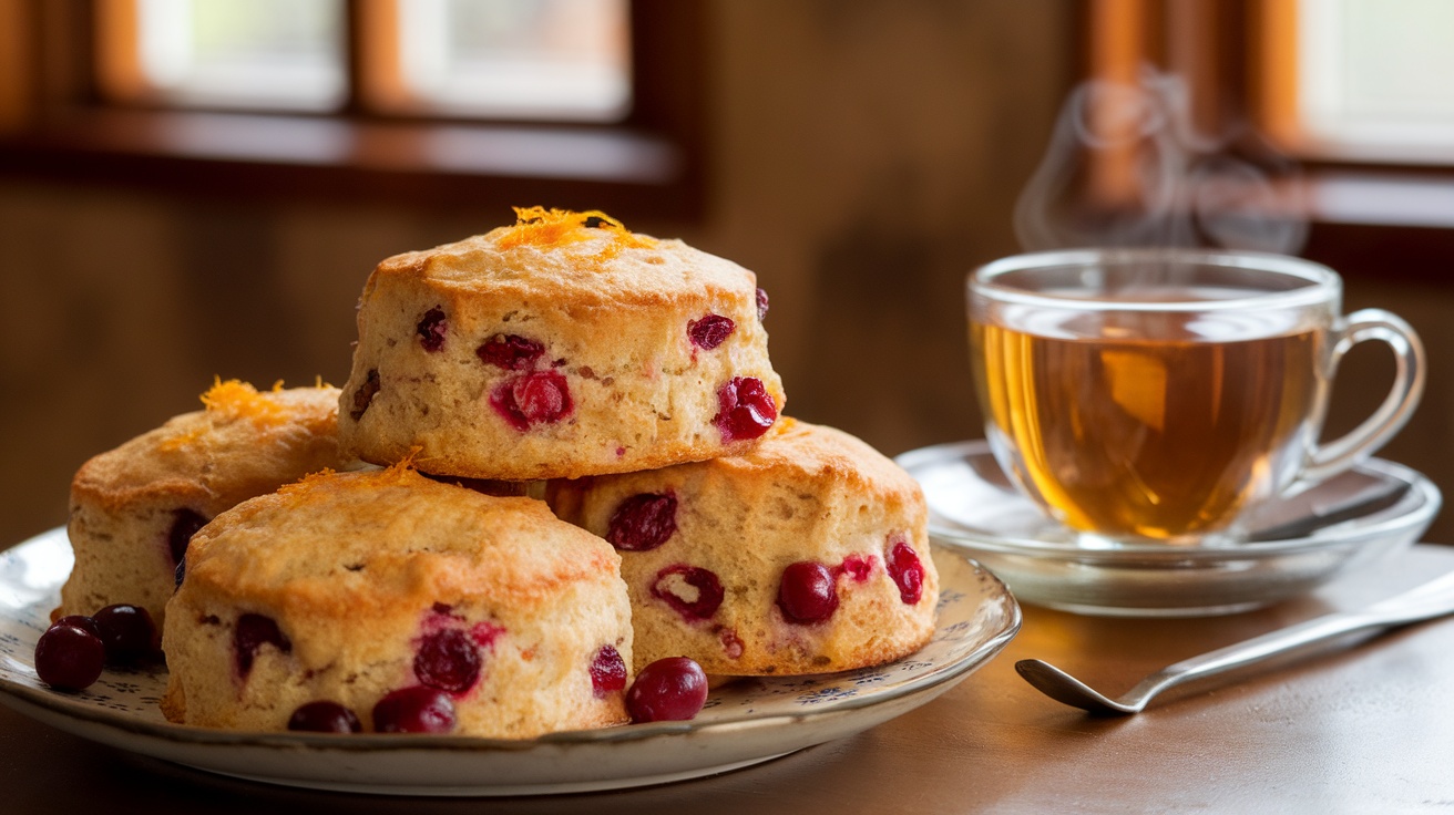 A plate of vegan cranberry orange scones with cranberries and orange zest, alongside a cup of tea in a cozy kitchen.