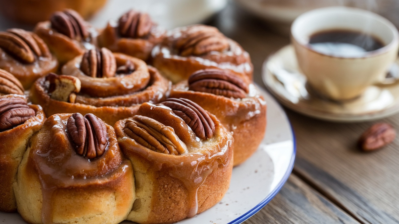 Vegan maple pecan sticky buns on a rustic plate, drizzled with maple glaze and topped with pecans.