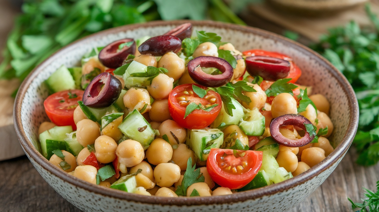 Colorful Vegan Mediterranean Chickpea Salad with cucumbers, tomatoes, olives, and parsley in a rustic bowl.