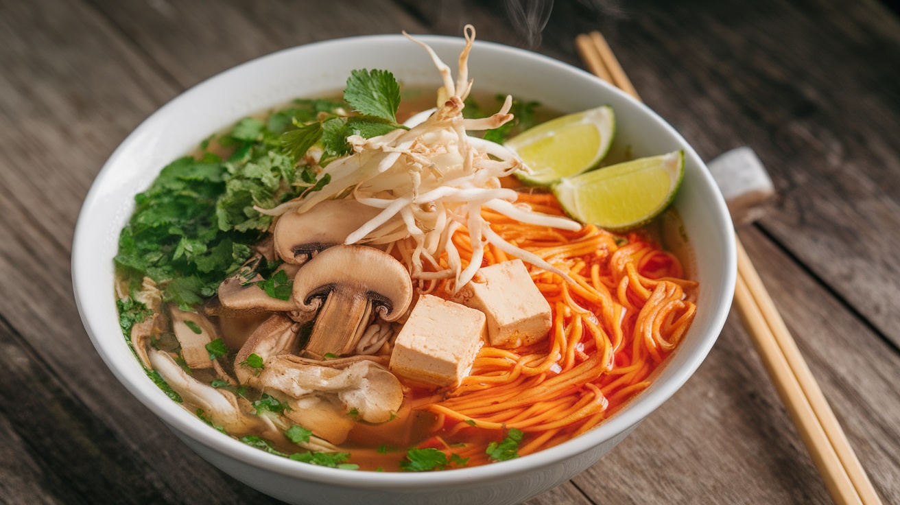 A bowl of Vegan Pho Ga with rice noodles, mushrooms, tofu, fresh herbs, and lime on a wooden table.