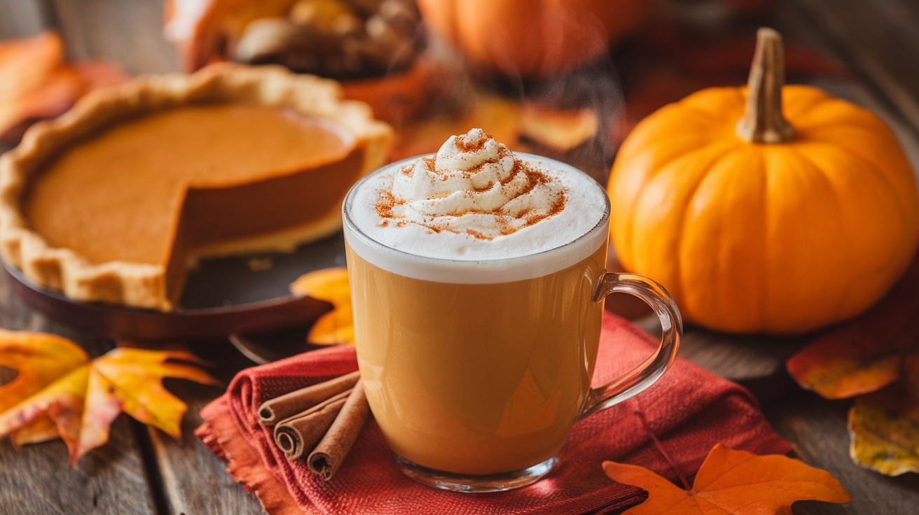 A cozy vegan pumpkin spice latte with whipped cream and cinnamon, placed on a wooden table with autumn leaves.