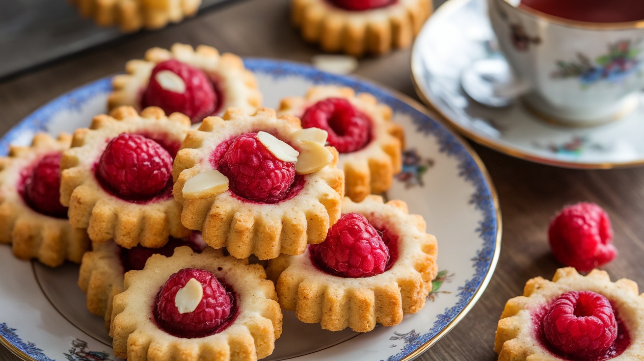 Vegan Raspberry Almond Thumbprint Cookies on a plate with raspberry jam filling and almond garnish.