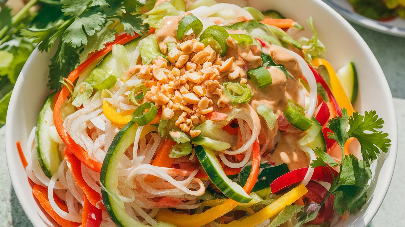 A colorful Vegan Rice Noodle Salad with rice noodles, bell peppers, cucumbers, and carrots, topped with peanuts, served in a bowl.