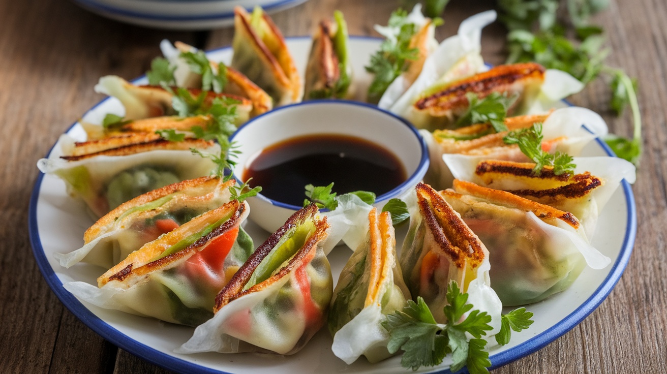 A plate of golden-brown vegan rice paper dumplings with fresh herbs and dipping sauce on a rustic table.