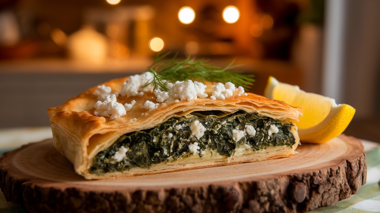 Vegan spanakopita slice with spinach and feta on wooden plate with lemon wedge and fresh dill.