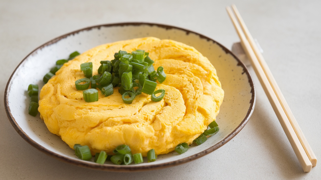 Vegan tamagoyaki slices garnished with green onions on a white plate with chopsticks.