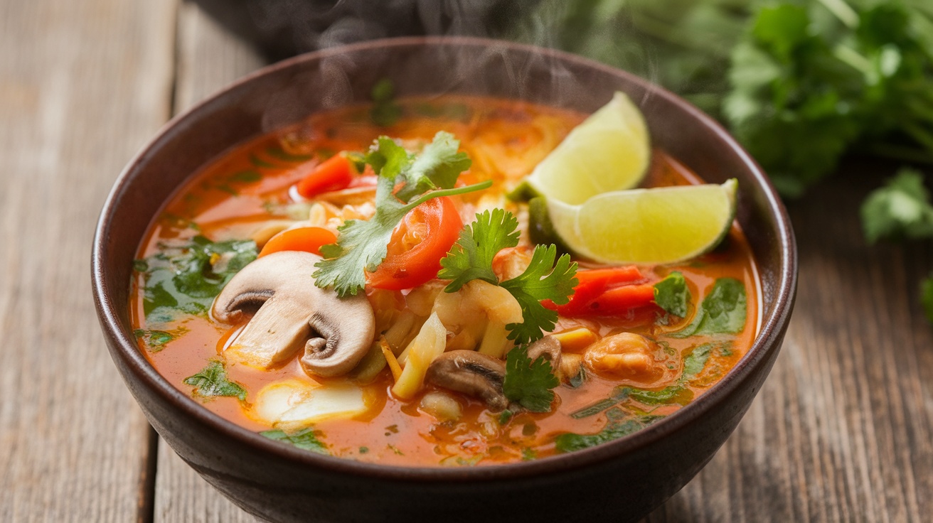 A steaming bowl of Vegan Tom Yum Soup with mushrooms, tomatoes, and cilantro on a wooden table.