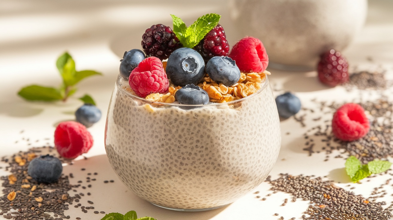 A bowl of vegan vanilla chia seed pudding topped with berries and granola, surrounded by chia seeds and mint leaves, on a bright background.