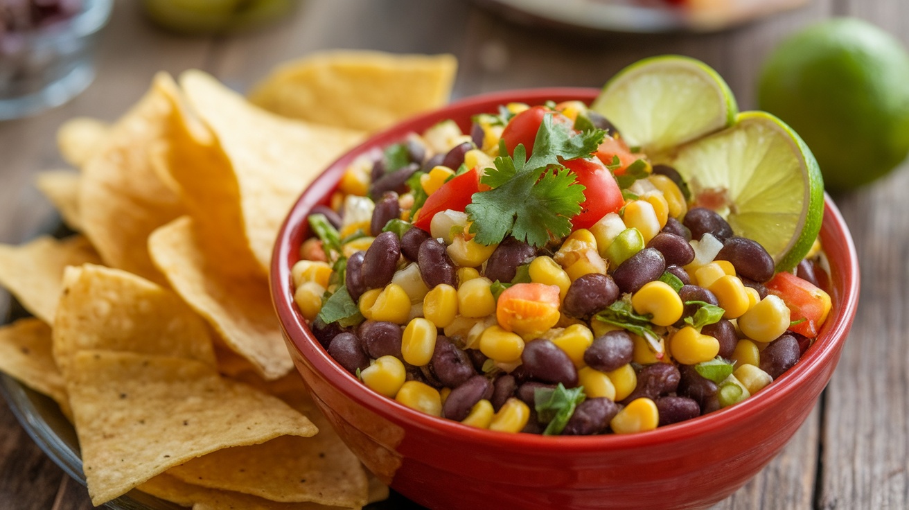 A colorful bowl of black bean and corn salsa with lime wedges and tortilla chips on a wooden table.