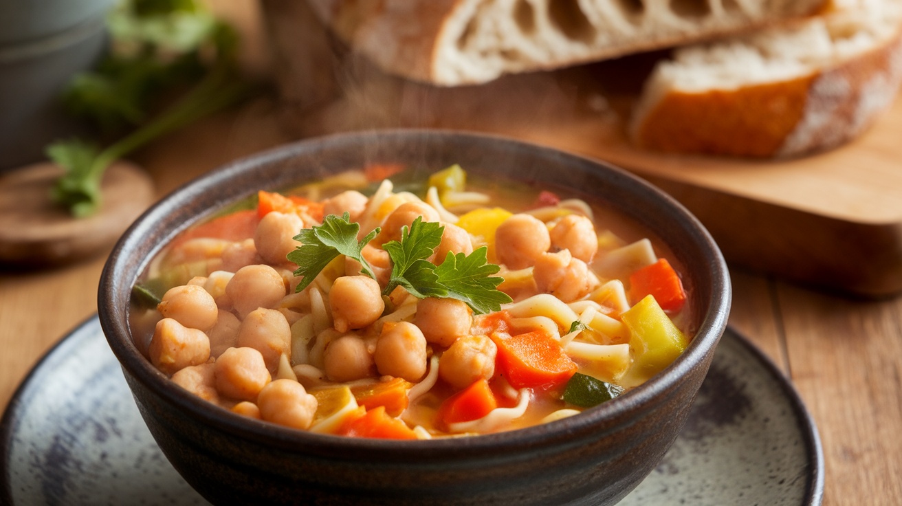 A comforting bowl of Vegan Chickpea Noodle Soup with chickpeas, noodles, and vegetables garnished with parsley, on a wooden table with bread.