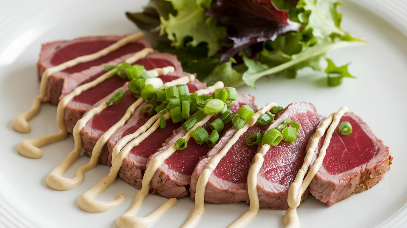 Sliced seared tuna steak with wasabi aioli and green onions on a plate, accompanied by mixed greens.