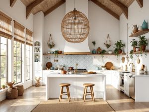 "Coastal boho kitchen interior with high ceilings, floor-to-ceiling windows, white walls and oak hardwood floors, vintage copper cookware on a whitewashed brick wall, turquoise ceramic vessels, brass fixtures, and morning golden hour lighting."