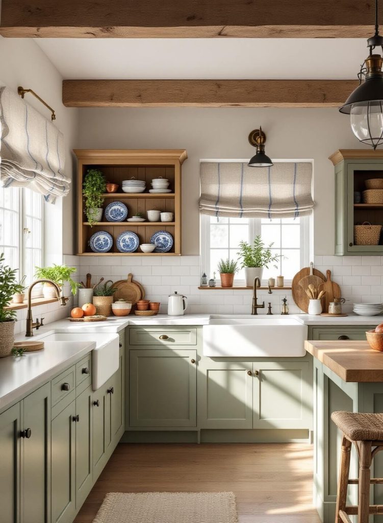 "Sunlit country kitchen with sage green shaker cabinets, vintage furniture, brass fixtures, and fresh herbs on windowsill"