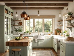 "Sunlit cozy cottage kitchen with sage-green cabinets, butcher block island, vintage copper pots, marble countertops, and farmhouse sink"