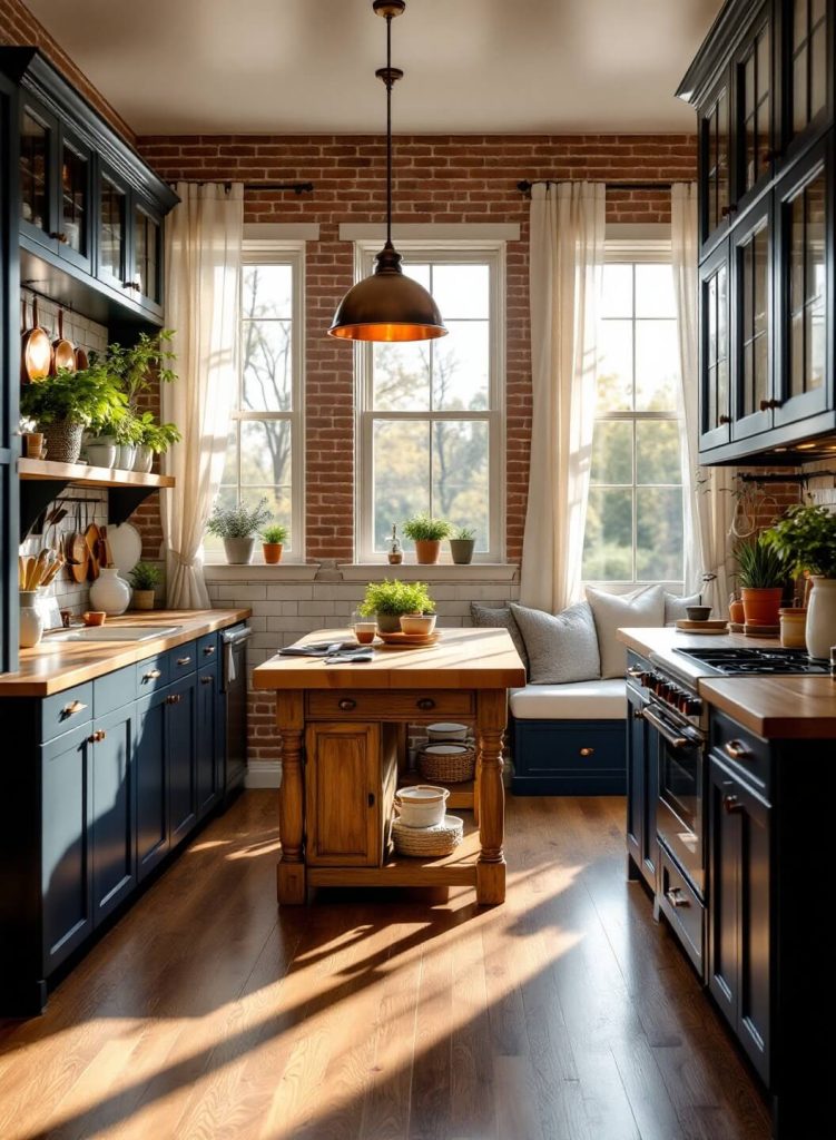 "Sunlit farmhouse kitchen with navy cabinets, butcher block countertops, copper pendant lights, and vintage oak dining table"