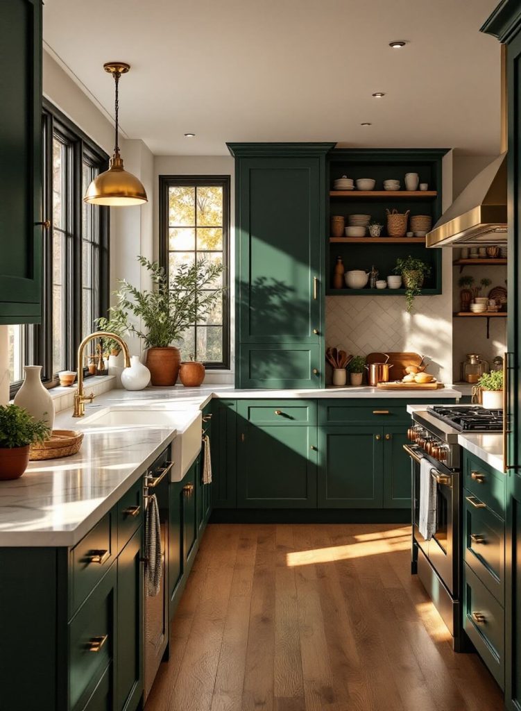 "Luxury kitchen interior with dark green Shaker-style cabinets, white marble countertops and oak flooring during golden hour"