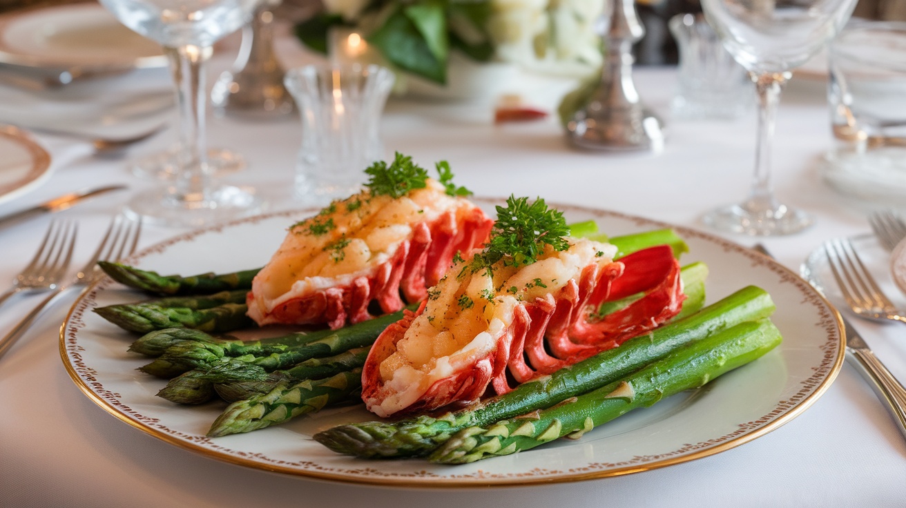 Garlic Butter Lobster Tails with Asparagus elegantly plated with parsley garnish on a dining table.