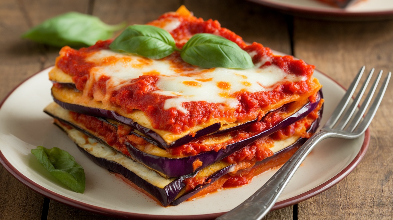 A plated gluten-free eggplant lasagna with layers of eggplant, marinara sauce, and cheese, garnished with basil on a rustic table.