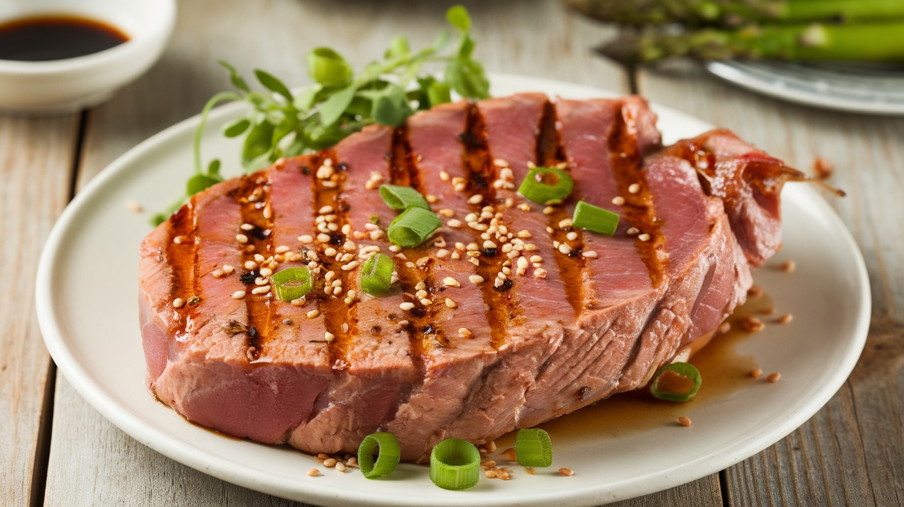 Grilled tuna steak with sesame seeds and green onions on a rustic table with grilled asparagus.