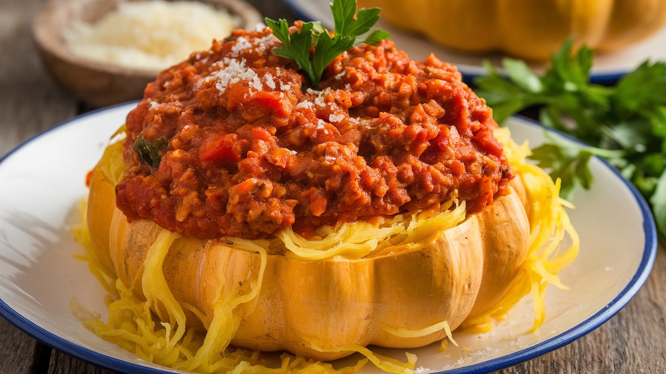 A serving of spaghetti squash bolognese topped with parsley and Parmesan on a rustic table.