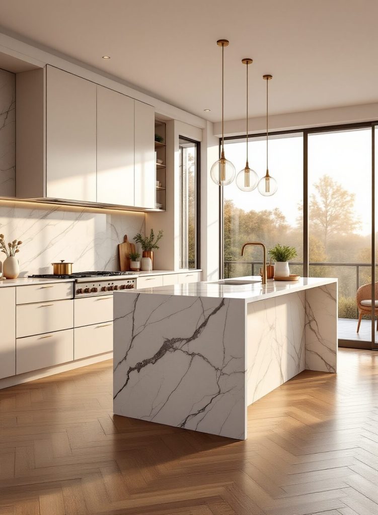 "Luxurious modern kitchen with marble island, gold accents, and warm oak flooring, bathed in golden hour sunlight"