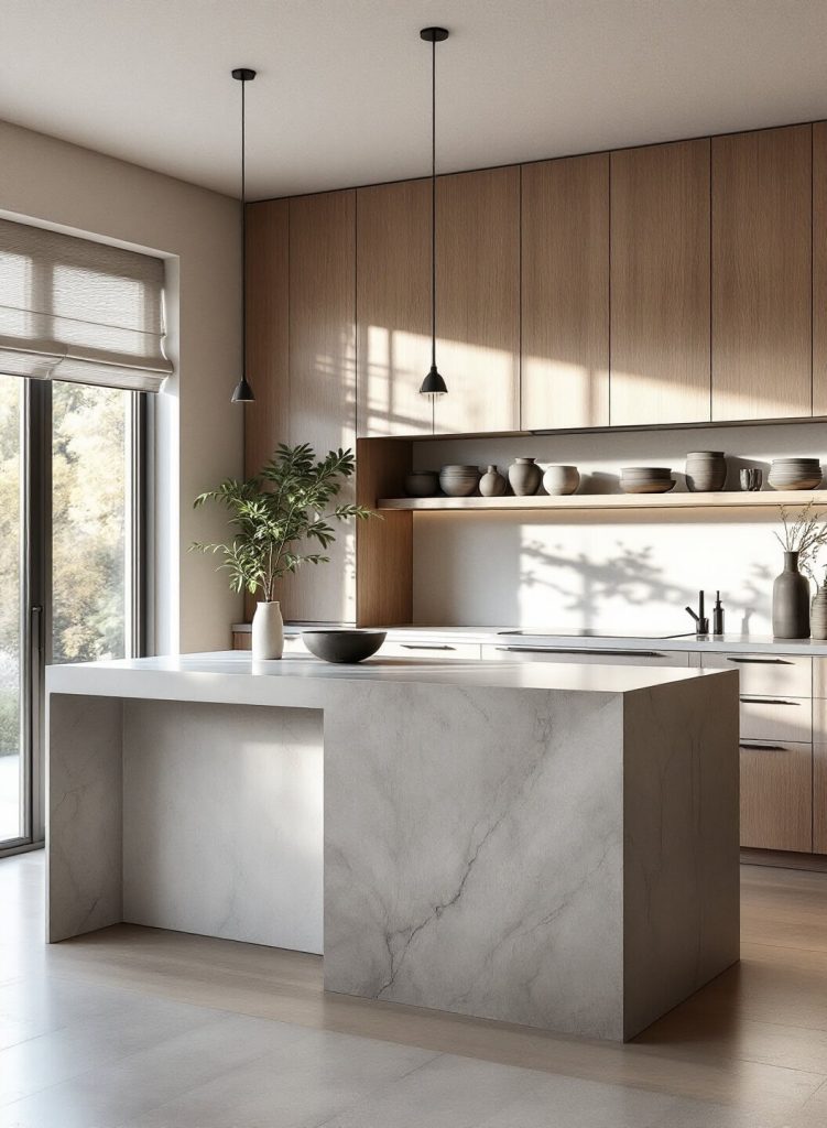 "Spacious contemporary Japandi-style kitchen with bleached oak cabinetry, concrete waterfall island, black pendant lights, and natural stone countertops bathed in soft morning light."