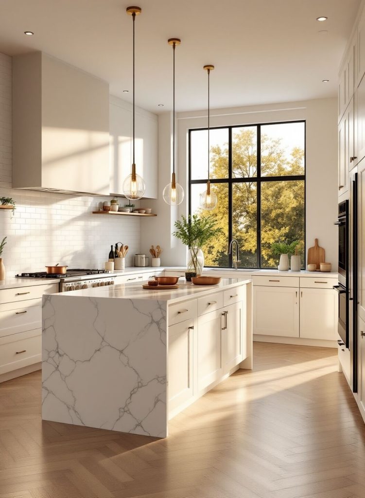 "Spacious modern beige kitchen with golden hour sunlight, white quartz island, brass pendant lights, white subway tile backsplash, and oak herringbone floors"