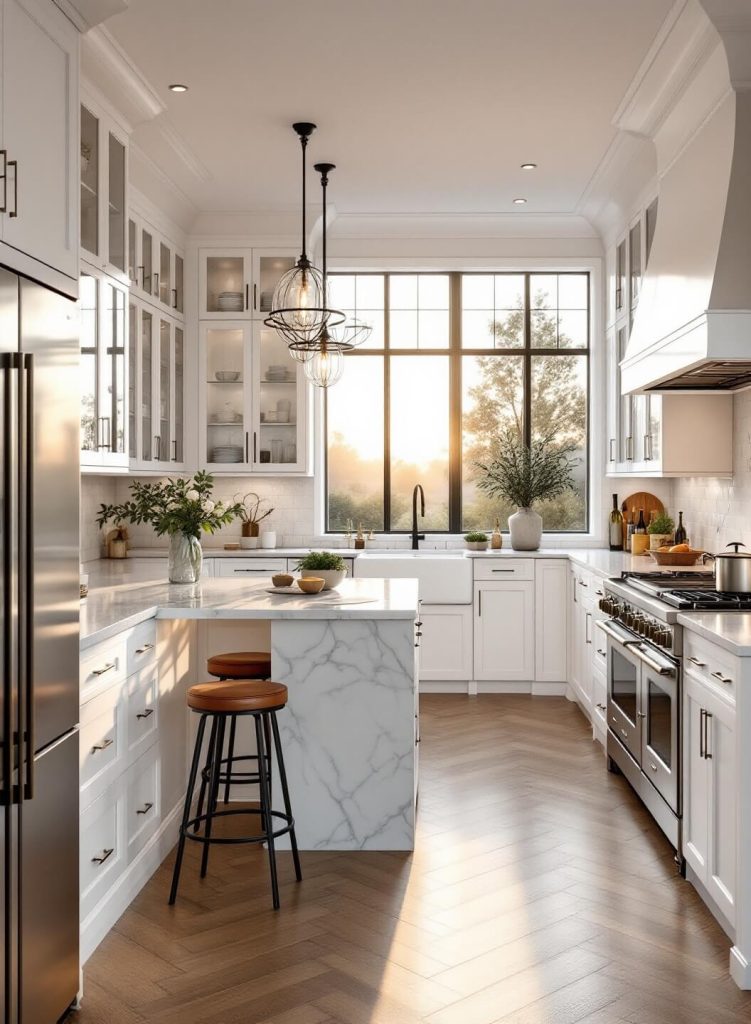 "Luxury modern kitchen with marble island, white cabinets, and stainless steel appliances during golden hour"