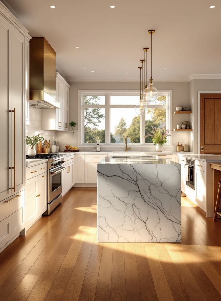 "Modern luxury kitchen with sunlight pouring through large windows, featuring white cabinets, quartz countertops, stainless steel appliances and warm oak flooring"