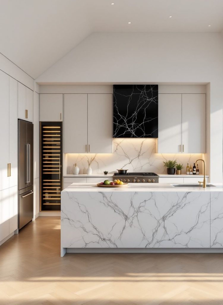 "Sunlit luxury kitchen with Calacatta Gold marble island, white oak cabinets, herringbone floors, and high vaulted ceilings"