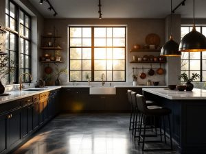 "Moody luxury kitchen with navy cabinets, Carrara marble countertops, and golden hour sunlight streaming through industrial windows"