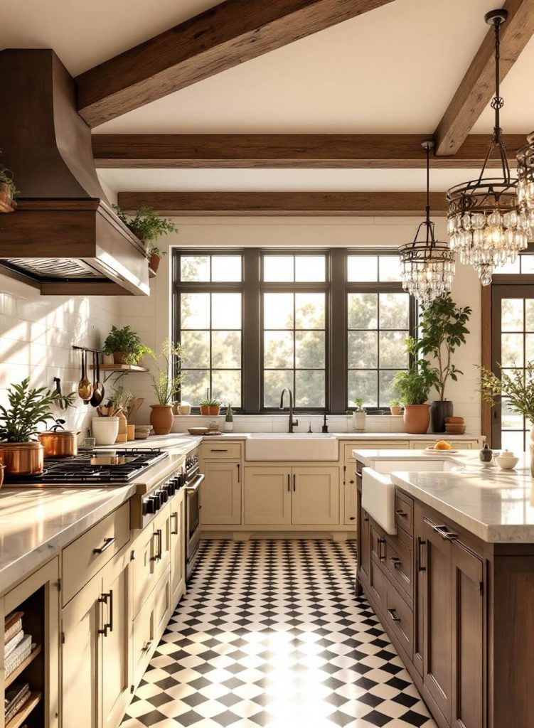 "Luxurious rustic country kitchen with morning sunlight, large island with marble top, walnut cabinets, shiplap walls, exposed wooden beams, vintage copper pots, crystal chandelier, farmhouse sink, black and white checkerboard limestone flooring, and fresh herbs on windowsills with garden view."