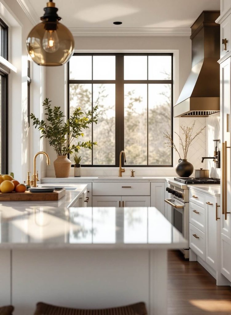 "Luxurious transitional kitchen with white shaker cabinets, quartzite waterfall island, and abundant natural light through floor-to-ceiling windows"