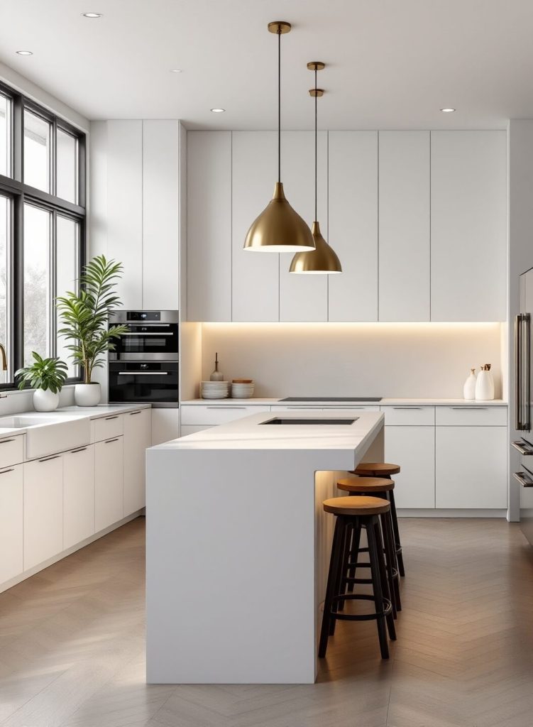 "Minimalist white kitchen with quartz waterfall island, professional stainless steel appliances, and organized pantry systems illuminated by morning light"