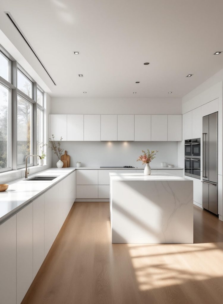 "Minimalist modern kitchen with bright morning sunlight streaming through large windows onto white cabinets and quartz countertop, captured in high-resolution with a professional Canon EOS R5"